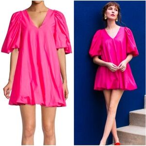 Rhode Marni Puffy Bubble Ruffle Hot Pink V-Neck Mini Dresss